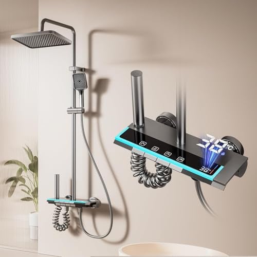 Umisu Colonna Doccia con Schermo Digitale e Orologio, Illuminazione d’Ambiente, Rubinetteria Regolabile in Altezza con Pulsanti a Pianoforte e Doccetta Bidet per Bagno