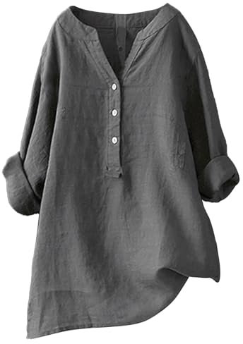 Longbluse Damen Sommer Musselin Bluse Leinen Blusen Langarm Shirt Elegante Lange Oberteile Bügelfrei Tuniken Große Größen Tops,Grau,XXL