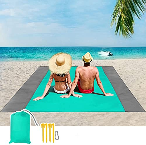 DSLIHA Beach Mat Picnic Blanket Outdoor, Large Waterproof Sandproof Portable Picnic Beach blanket with 4 Fixed Nails, Reinforced Edging for Beach, Camping, Hiking, Grass and Trips (lake green)