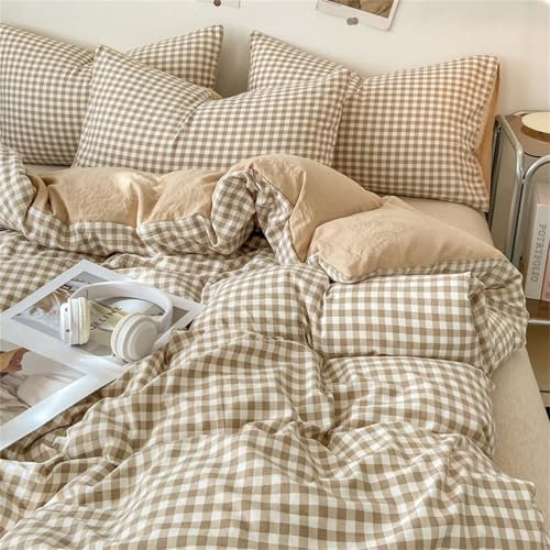Michorinee Housse de Couette Carreaux Vichy 220x240 Beige Marron - Parure de Lit Adulte 2 Personnes en Microfibre - Linge de Lit à Carreaux Réversible avec 2 Taies d'oreiller 65x65 cm