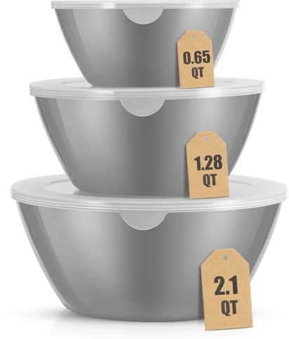 CherHome Mixing Bowls with Lids Set of 3，Lightweight Serving Bowl with lid，Nesting Plastic Salad Bowls with Lids for Kitchen Prepping，Baking，Serving，Microwave Safe，Dishwasher Safe (Grey)