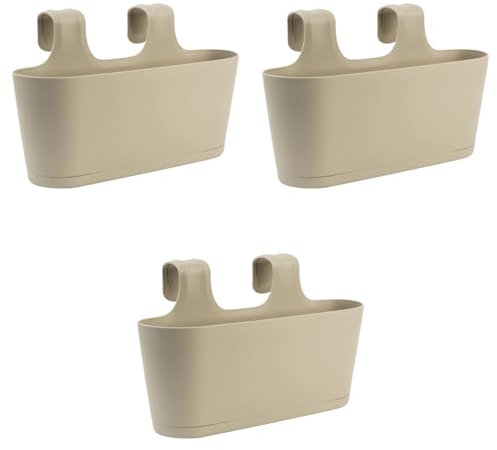 Gariella - 3 x Blumenkasten in Sand, Hängekasten, Geländer-Montage, Balkon, Außenbereich, 5,5 L, oval, Kunststoff, Übertopf, Pflanzkasten, Blumentopf zum Hängen, Wasserspeicher/Untersetzer