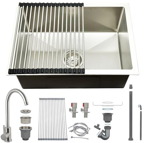 HZKSINNK Fregadero Cocina 1 Seno 55 x 40 cm, Acero Inoxidable Cepillado, con Grifo Giratorio 360°, Fregadero Bajo Encimera o Sobre Encimera, con Sifón, Rebosadero y Desagüe, Escurridor de Enrollable