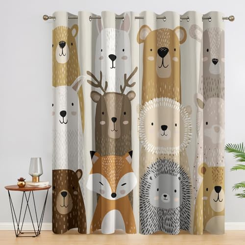 Generisch Cartoon Süße Tiere Vorhänge Blickdicht Gardinen mit Ösen, Kinder Waldtier Deko Muster Wohnzimmer Schlafzimmer Fenster Verdunklungsvorhänge, H 200 x B 140 cm 2er Set (1a5-113)