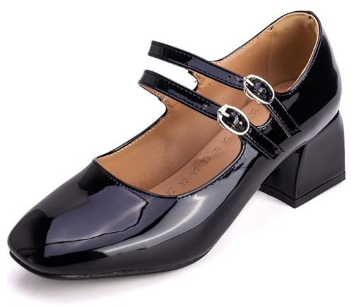 Qynthra Scarpe Mary Jane con Doppia Fibbia in Pelle Verniciata per Donna Punta Quadrata Tacco Basso a Blocco Spesso per Ufficio e Pendolarismo,Nero,37 EU