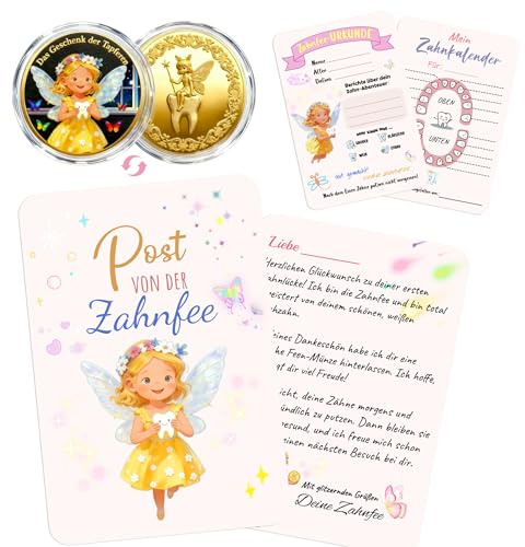 GEVECORI Zahnfee Geschenk Kinder: Goldene Glücksmünze mit Zahnfee-Brief, Zahnprotokoll, Urkunde, Umschlag und Garnbeutel – Geschenkset für Mädchen & Jungen