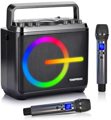 Máquina de Karaoke, Altavoz Bluetooth con 2 micrófonos inalámbricos, Sistema de megafonía portátil para Adultos y niños con Luces LED, Ajuste de Graves/Agudos,Rec para Fiestas en casa.
