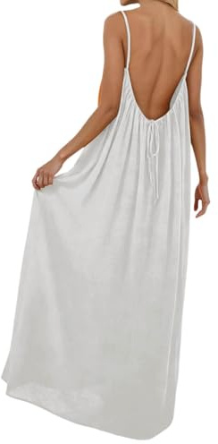 Robe Boheme Chic Caraco Dos Nu sans Manches pour Femme Robes Maxi d'été pour la plage Robe Casual Longue Et Fluide à Bretelles Spaghetti Dress Ample d’intérieur Elegant Couleur Unie Robes de Soirée