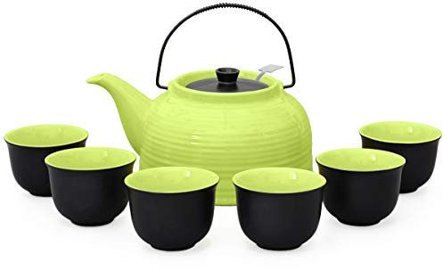 Aricola Teeservice „Nelly“. Moderne Teekanne 1,5 Liter in grün/schwarz aus hitzebeständiger Keramik mit Edelstahlfilter und 6 Teecups 120ml in grün/schwarz.