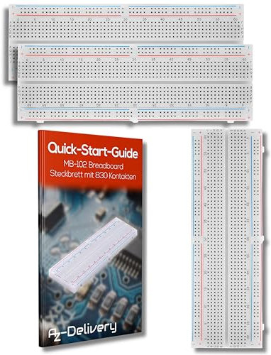 AZDelivery Compatible with MB-102 Breadboard 830 Tie Point Solderless PCB Board Kit 4 Power Rails for Proto Shield Distribution Connecting Blocks compatible with Arduino Including e-Book (Pack of 3)