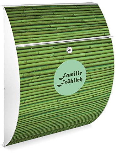 Burg Wächter Design Briefkasten | Modell Riviera 46cmx33,5cmx13cm groß | verzinkter Stahl Weiß | Postkasten mit Öffnungsstopp, großer A4 Einwurf, Zylinderschloss, 2 Schlüssel | Motiv WT Bambus Grün