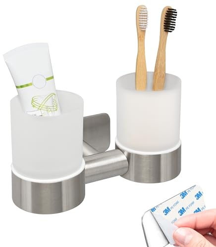 bremermann Bad-Serie Piazza Tape - Doppel-Glasbecherhalter ohne Bohren, mit Klebepad - selbstklebend - Becherhalter, Zahnb�rstenhalter, aus Glas und Edelstahl, matt