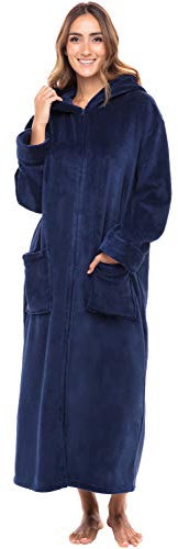 Alexander Del Rossa Fleece-Bademantel mit Reißverschluss vorne, Kapuzen-Bademantel für Damen, langer Bademantel, Marineblau, Medium