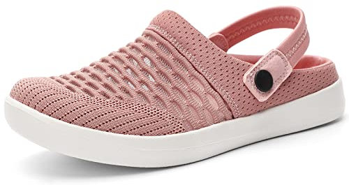 HKR Garden Clogs for Women Closed Toe Ladies Mules Slippers Comfortable Mesh Flat Sandals with Back Strap Indoor Outdoor Pink UK 8