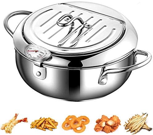 AlfaView 304 Stainless Steel Tempura Deep Fryer Pot with Thermometer and Oil Drip Rack Lid, Japanese Deep Frying Pot for Family Frying Tempura, Chicken French, Dried Fish(Silver-2.2L)
