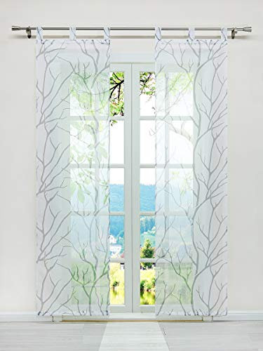 ESLIR Schiebegardinen Set 2er Flächenvorhänge Gardinen mit Schlaufen Schiebevorhang Transparent Schlaufenschal mit Zweige Muster Voile Weiß-Grau BxH 57x225cm 2 Stück
