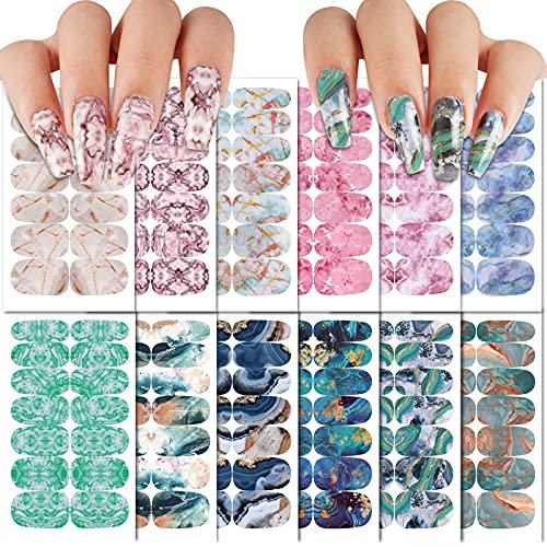 168 Pieces 12 Sheets Marble Full Nail Wraps Self Adhesive Nail Stickers Marble Nail Polish Sticker Decals for Nails Girl Women Nail Art Decoration