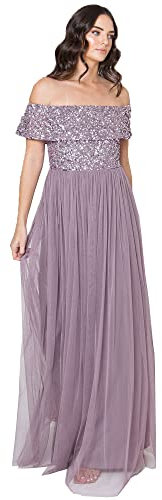 Maya Deluxe Ladies Bardot Dress Women Maxi Embellished Hight Empire Waist Sleeveless Tulle for Wedding Guest Prom Graduation Vestito per Damigella d’Onore, Lilla Moody, 44 Donna