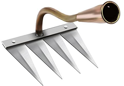 LOVIVER Traditionelles Unkrautabzieher-Werkzeug, Blumenbeete, Gemüsepflügen, Pflanzen, Farmprozess, Gartenhacke für die Landwirtschaft, 4 Zähne Kupfer