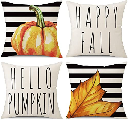 Sungeek 4er Set Herbst Kissenbezüge, Leinen Dekorativ Zierkissenbezüge Kürbis Kissenbezug Erntedankfest Deko Kissenhülle für Sofa Couch Schlafzimmer Wohnzimmer (40x40 cm, Streifen Ahornblatt A)