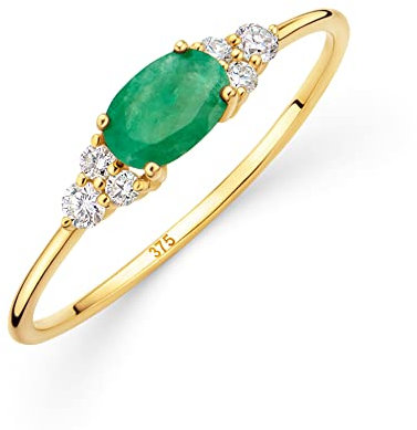 OROVI Damen Goldschmuck, Gold Ring, Smaragd und 6 Diamanten 0.12 ct, Verlobungsring, Edelsteine, Geburtsstein, 9 Karat (375) Gelbgold