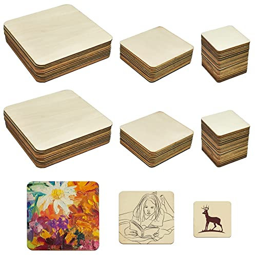 QINERSAW 84 Stück 5/8/10cm Unbehandelte Holz Quadrate Unvollendete Quadrat Holzscheiben zum Basteln Quadrat Holzplatte Natürliche Holzplättchen für Untersetzer DIY Handwerk Kunst Malen