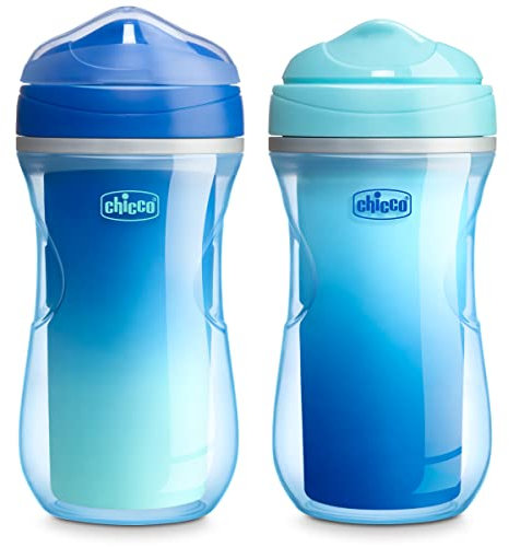 Chicco Tazza termica a doppia parete da 255 ml, con beccuccio a prova di morso e coperchio antigoccia, lavabile in lavastoviglie, facile da tenere in mano, con rientranze ergonomiche, blu/foglia di