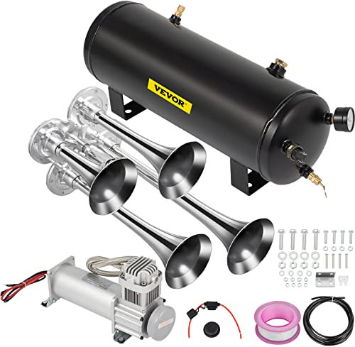 VEVOR Kit de 4 Bocinas de Trompeta Bocina de Automóvil de 150dB con Compresor de Aire de 110-160 PSI Tanque de Aire de 10L Bocina de Aire Universal de 12 V para Todos los Vehículos Trenes Barcos Auto