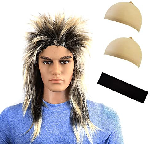 1 Stück Rock-Perücke mit 1 Stück schwarzem Haarband und 2 Stück hautfarbenen Kopfbedeckungen, Pop-Rock-Perücke für Herren, passendes Rock-Outfit, geeignet für Kostüme und Karneval.