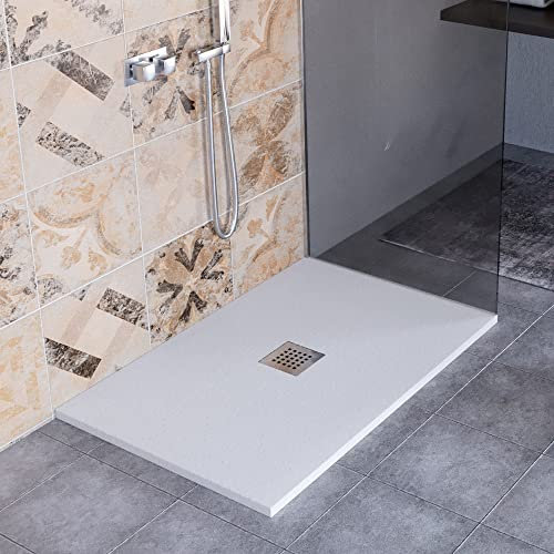 Luminosa ArredoBagno Piatto Doccia Resina 70x110 - Modello Florence - Effetto Pietra Antiscivolo con GELCOAT Made in Italy - piletta Inclusa - Colore Grigio Chiaro