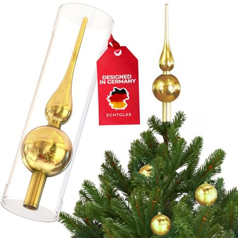 SantaTime Weihnachtsbaumspitze Echtglas glänzend 28cm - Extra Festliche Christbaumspitze aus Glas inkl. Aufbewahrungsbox - Perfekte Tannenbaumspitze (Gold glänzend)