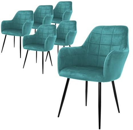 ECD Germany 6er Set Esszimmerstühle mit Rücken- und Armlehnen, Türkis, Küchenstühle mit Samtbezug, Polsterstühle mit Metallbeinen, Ergonomische Stühle für Esstisch, Wohnzimmerstühle Esszimmerstuhl