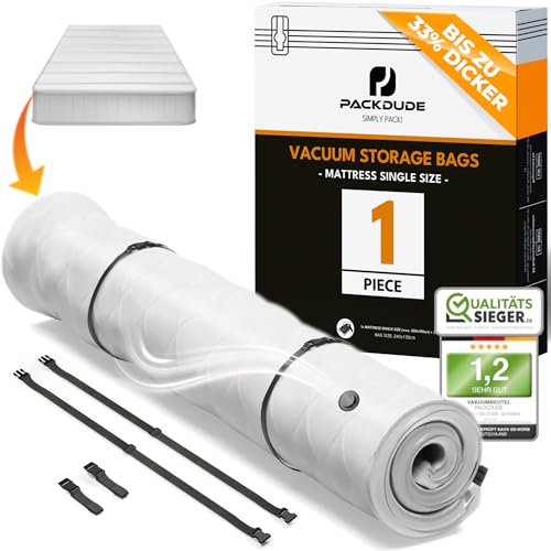 PACKDUDE Sac Sous Vide Matelas Jusqu'à 200x100cm (Taille du sachet : 240x130cm) I Sac Sous Vide XXL pour Matelas en Mousse, Gel et Latex I Mattress Vacuum Bag I 1x Sachet avec 2 Sangles de Serrage