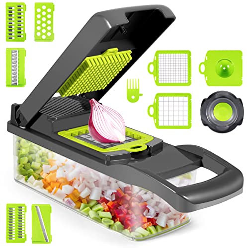 12-in-1 Vegetable Chopper, Manual Onion Food Veg Cutter Dicer, Mini Hand Salad Garlic Chopper with Interchangeable Blades Easy Prep Food Processor Slicer