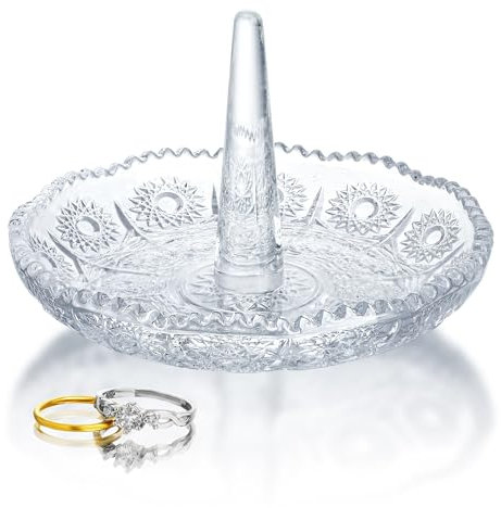 H&D HYALINE & DORA Crystal Ring Holder Dish, Clear Glass Ring Holder for Jewelry,Round Ring Holder Tray for Rings Earrings Necklace Organizer