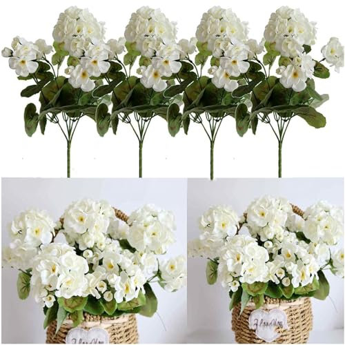 RXMORI 4 Piezas Geranios Artificiales Flores de Seda Plantas Geranio Arbusto, Geranios Blanco Geranio de Seda Sintética Arbustos Florales Arreglos Florales para Decoración de Macetas Al Aire Libre(#3)
