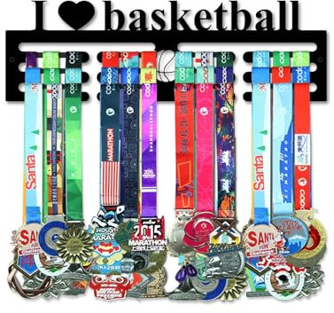 Resama Basketball Medaillen Aufhänger Display Halter Rack Wandmontage Stahlrahmen über 60 Medaillen-Sport Medaillen Aufhänger Racks Bib Ribbon mit Easy Hanging Bars Schwarz 3 Zeilen