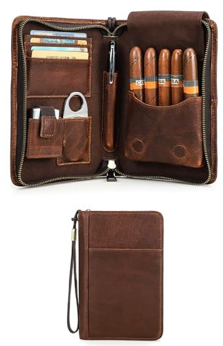 Hiram Zigarren-Reisetasche, Echtes Leder Zigarren-Humidor für 5 Zigarren, Tragbare Zigarren-Box mit Zigarrenschneider-Feuerzeugfach, Multifunktionale Humidor-Tasche mit Kartenschlitz und Handyfach