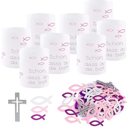 ATSGJLZN Kommunion Deko,8er Windlicht Konfirmation 90er Holzfische Kommunion 10er Kreuz, Tischdeko Konfirmation Deko Erstkommunion Deko für Streudeko Taufe Junge Mädchen（ROSA