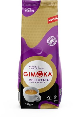 Gimoka caffè macinato Vellutato – Miscela 100% arabica Rainforest - (Confezione da 250 Grammi) - Adatto per Moka - Intensità 6