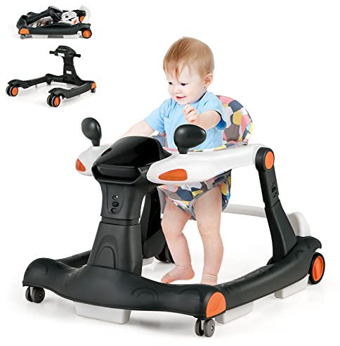 DREAMADE 2 in 1 Lauflernhilfe mit Musik & Licht, Baby Walker Höhenverstellbar & Klappbar, Gehfrei Lauflernwagen Baby ab 6 Monaten (Schwarz)