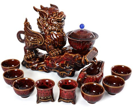 fanquare Set da Tè Semiautomatico Tazza da Tè Teiera da Kungfu Cinese da Truppe Coraggiose Regali di Servizio da Tè in Porcellana Rossa per Uomini Adulti