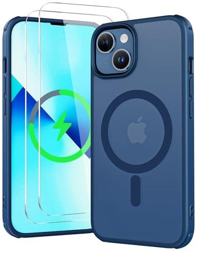 Iokmax Magnetic Case for iPhone 13/14 [MagSafe Compatible] with 2X Screen Protector, Military-Grade Slim Shockproof Translucent Matte Cover, Blue