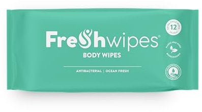 FreshWipes Antibacterial Body Wipes For Adults 1 Pack (12 Wipes) - Ocean Fresh Scent - Large Biodegradable Wet Wipes - Dermatologically Tested & Suitable for Elderly or Disabled - Great for Camping