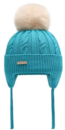 ZLYC Kinder Mädchen Strickmützen Wintermützen Baumwolle Pom Pom Beanie(Einfarbig Teal Blau),Einheitsgröße