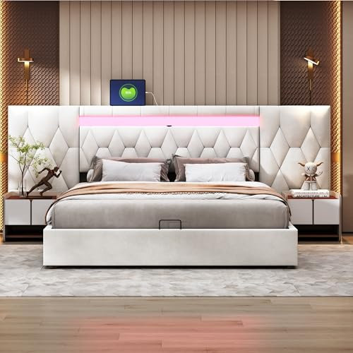 Elegantes 180x200cm Polsterbett mit großer Rückenlehne, Samtbett mit LED und USB-Steckdose, hydraulisches Stauraumsystem, Bett Classic (Beige, 180x200cm)