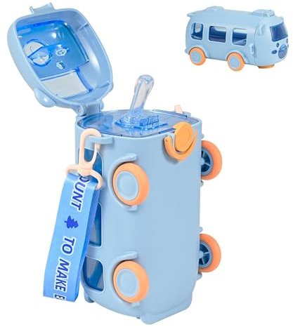 Noaya Bus Kids Water Bottle With Straw - 500ml Leakproof Car Bottle for Boys, Travel Friendly Daily Use (Blue)