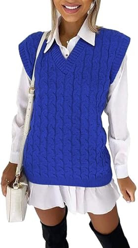 WeaAll Ladies Cable Knit Sleeveless Vest Women's Knitted Jumper Tank Top Winter Chunky Sweaters Royal Blue 16-18