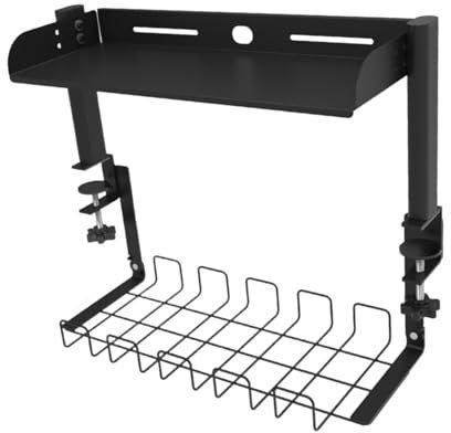 BaotyJie Clamp on Desk Shelf Desktop Storage Shelf Strong Load Bearing Black Clip on or under Table Shelves for Gaming Devices Office, 1 Tier W Cable Rack, 36cmx44cmx15.5cm