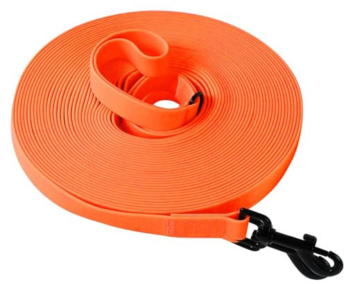 Wasserdicht Schleppleine für Hunde, Schleppleine 5m/10m/15m/20m mit Handgriff und D-Ring, Leicht zu Reinigen Gummierte Hundeleine Trainingsleine für Kleine Mittlere Große Hunde, Neon Orange, 5M